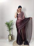 FANCY NYLON RIMZIM SHADED READY TO WEAR SAREE WITH UNSTITCHED BLOUSE COFFEE