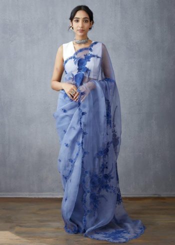 FANCY ORGANZA SILK THREAD EMBROIDERY DIAMOND WORK SAREE WITH UNSTITCHED BLOUSE BLUE