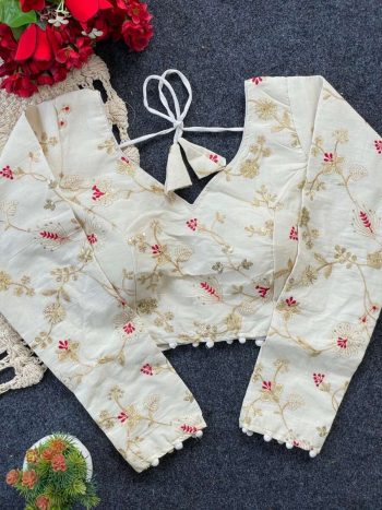 FANCY PURE KHADI EMBROIDERY WORK STITCHED BLOUSE WHITE