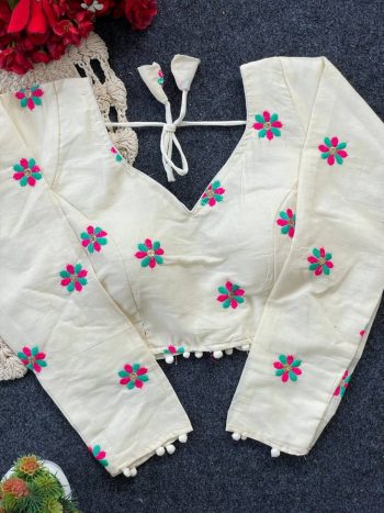 FANCY PURE KHADI EMBROIDERY WORK STITCHED BLOUSE WHITE