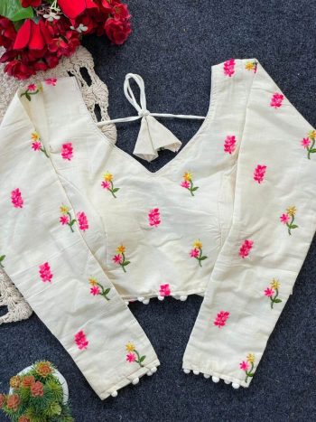 FANCY PURE KHADI EMBROIDERY WORK STITCHED BLOUSE WHITE
