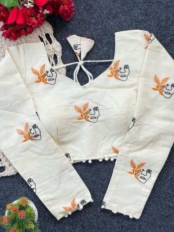 FANCY PURE KHADI EMBROIDERY WORK STITCHED BLOUSE WHITE