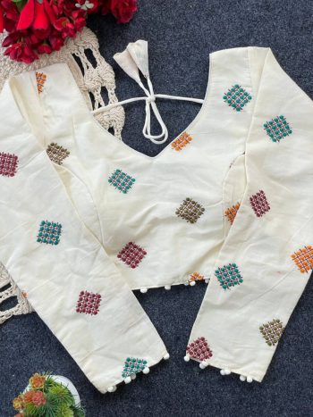 FANCY PURE KHADI EMBROIDERY WORK STITCHED BLOUSE WHITE