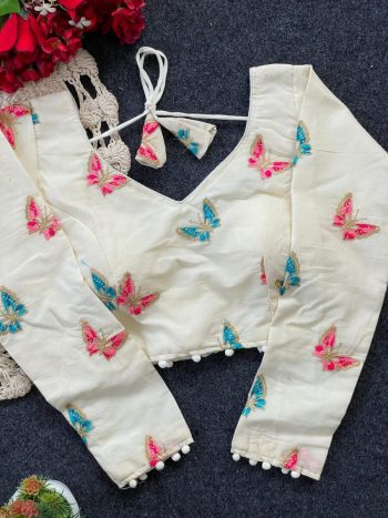 FANCY PURE KHADI EMBROIDERY WORK STITCHED BLOUSE WHITE