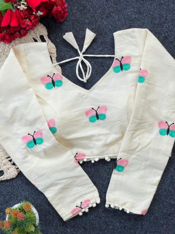 FANCY PURE KHADI EMBROIDERY WORK STITCHED BLOUSE WHITE