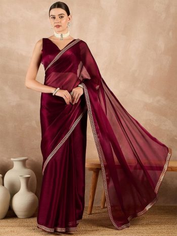 FANCY RANGOLI SILK EMBROIDERY SEQUENCE LACE WORK SAREE WITH UNSTITCHED BLOUSE MAROON