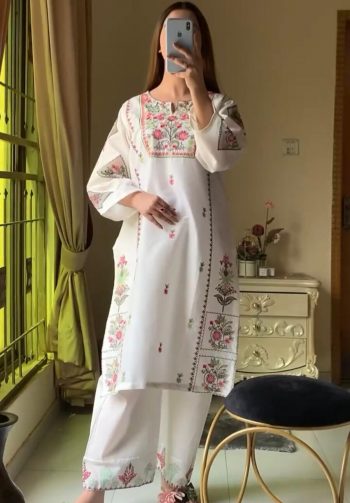 FANCY RAYON EMBROIDERY WORK KURTI PALAZZO SET WHITE