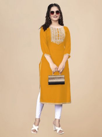 FANCY RAYON EMBROIDERY WORK ONLY KURTI YELLOW