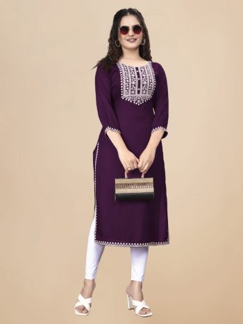 FANCY RAYON EMBROIDERY WORK ONLY KURTI WINE
