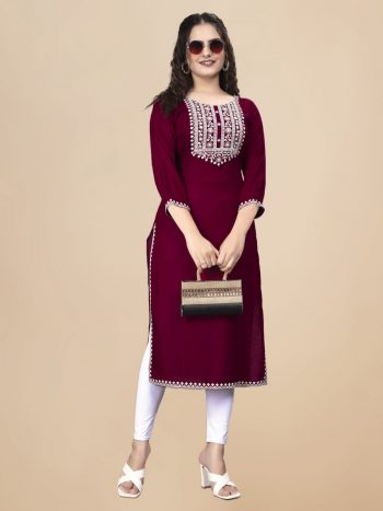 FANCY RAYON EMBROIDERY WORK ONLY KURTI MAROON