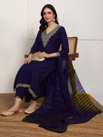 FANCY RAYON EMBROIDERY WORK TOP BOTTOM WITH DUPATTA NAVY BLUE