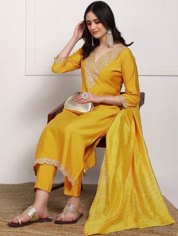 FANCY RAYON EMBROIDERY WORK TOP BOTTOM WITH DUPATTA  YELLOW