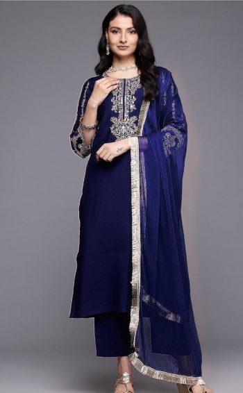 FANCY RAYON EMBROIDERY WORK TOP BOTTOM WITH DUPATTA NAVY BLUE