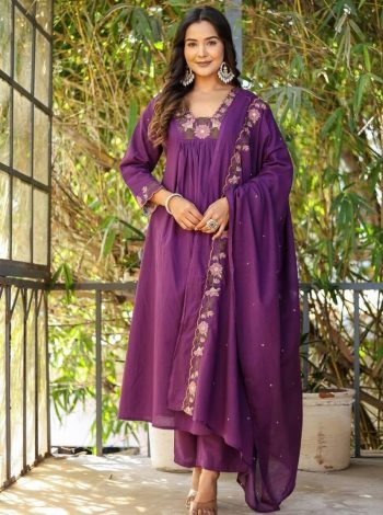 FANCY RAYON SLUB EMBROIDERY WORK TOP BOTTOM WITH DUPATTA  PURPLE