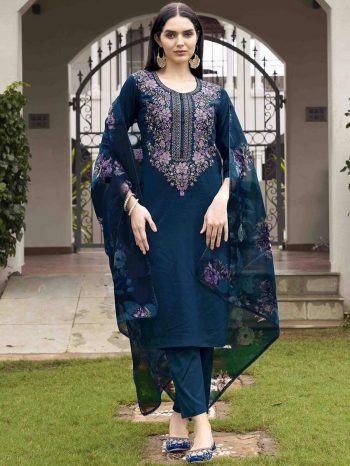 FANCY ROMAN EMBROIDERY WORK TOP BOTTOM WITH DUPATTA NAVY BLUE