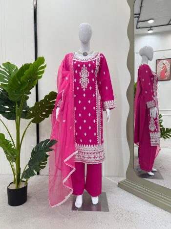 FANCY ROMAN SILK CHINE STITCH THREAD WORK TOP BOTTOM WITH DUPATTA PINK