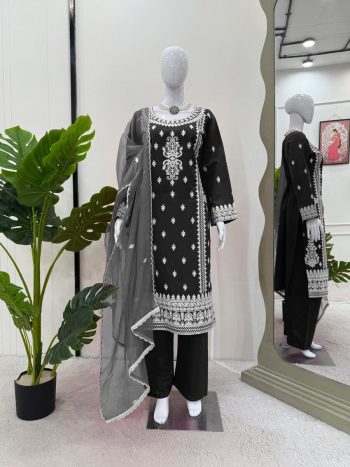 FANCY ROMAN SILK CHINE STITCH THREAD WORK TOP BOTTOM WITH DUPATTA BLACK