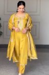 FANCY ROMAN SILK CODING SEQUENCE EMBROIDERY WORK TOP BOTTOM WITH DUPATTA YELLOW