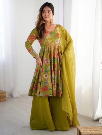 FANCY RROMAN SILK DISCHARGE PRINTING WORK KEDIYA STYLE TOP PALAZZO WITH DUPATTA PARROT GREEN