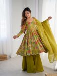 FANCY RROMAN SILK DISCHARGE PRINTING WORK KEDIYA STYLE TOP PALAZZO WITH DUPATTA FESTIVE WEAR WHOLESALE PRICE ETHNIC GARMENT (3)