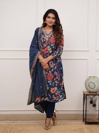 FANCY RUSSIAN SILK SEQUENCE CODING EMBROIDERY WORK TOP BOTTOM WITH DUPATTA BLUE