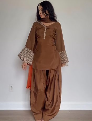FANCY SATIN SILK EMBROIDERY SEQUENCE WORK TOP PATIYALA WITH DUPATTA CHIKU