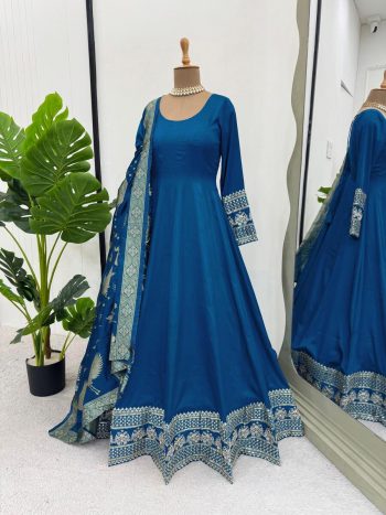 FANCY SATIN SILK THREAD  WITH SEQUENCE WORK GOWN WITH DUPATTA  BLUE
