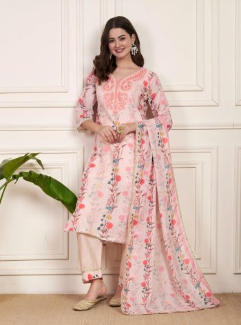 FANCY SHIFLI LINEN COTTON PRINTED MOTI WORK TOP BOTTOM WITH DUPATTA BABYPINK
