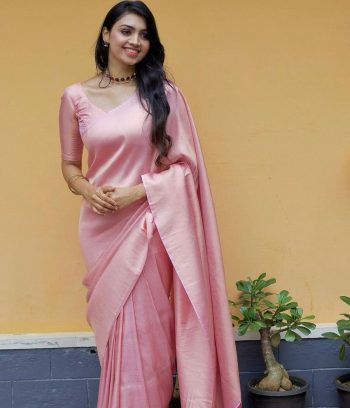 FANCY SOFT LICHI SILK JACQUARD WEAVING WORK SAREE WITH UNSTITCHED BLOUSE PINK