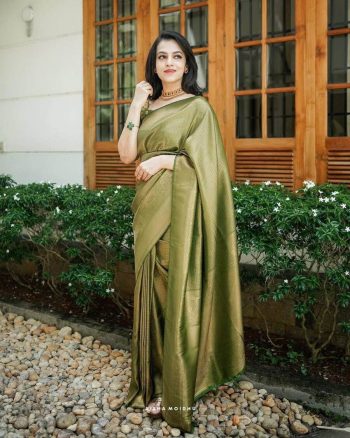 FANCY SOFT LICHI SILK JACQUARD WEAVING WORK SAREE WITH UNSTITCHED BLOUSE PISTA