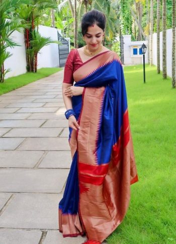FANCY SOFT LICHI SILK JACQUARD WORK SAREE WITH UNSTITCHED BLOUSE  BLUE