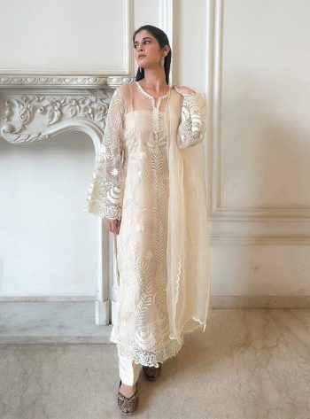 FANCY SOFT NET EMBROIDERY WORK WITH CUT WORK FANCY WORK TOP BOTTOM WITH DUPATTA  OFF WHITE