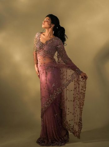FANCY SOFT NET THREAD SEQUENCE WORK SAREE WITH UNSTITCHED BLOUSE PINK