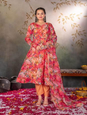 FANCY SOFT ORGANZA SILK DIGITAL PRINTED ANARKALI BOTTOM WITH DUPATTA GAJARI