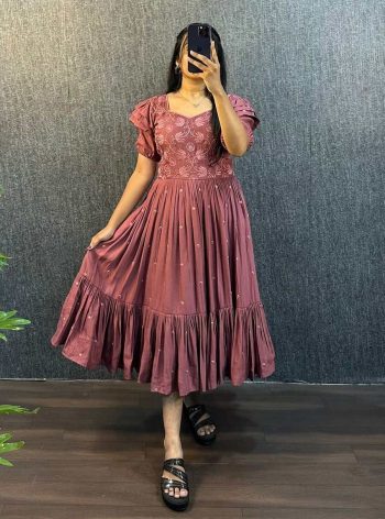 FANCY SOUTH SILK COTTON EMBROIDERY WORK ONE PIECE DRESS PINK