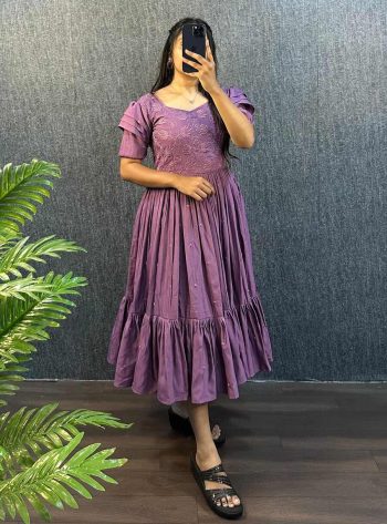 FANCY SOUTH SILK COTTON EMBROIDERY WORK ONE PIECE DRESS LAVENDER