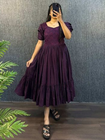FANCY SOUTH SILK COTTON EMBROIDERY WORK ONE PIECE DRESS PURPLE