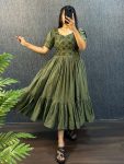 FANCY SOUTH SILK COTTON EMBROIDERY WORK ONE PIECE DRESS MEHNDI