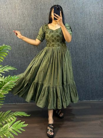 FANCY SOUTH SILK COTTON EMBROIDERY WORK ONE PIECE DRESS MEHNDI