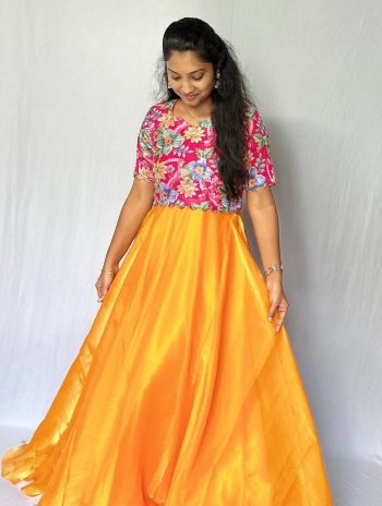 FANCY SPACE SILK PLAIN GOWN WITH DIGITAL PRINTED KOTI  MUSTARD