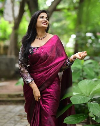 FANCY SPACE SILK PLAIN SAREE WITH SEQUENCE THREAD WORK UNSTITCHED BLOUSE WINE