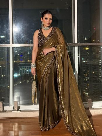 FANCY SPACE SILK SEQUENCE AND ZARI EMBROIDERY WORK LACE BORDER WITH FANCY LATKAN WORK SAREE WITH STITCHED BLOUSE MEHNDI