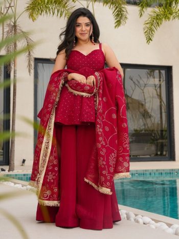 FANCY TABBY ORGANZA MUKESH WORK PEPLUM TOP PALAZZO WITH DUPATTA RED