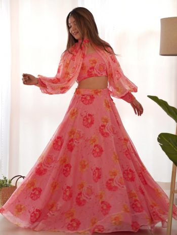 FANCY TABBY ORGANZA SILK FLORAL PRINT LEHENGA CHOLI WITH DETACHABLE SLEEVES  BABY PINK