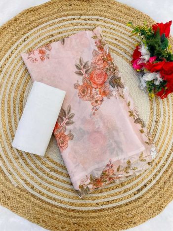 FANCY TABBY SILK PRINTED HAND WORK SAREE WITH UNSTITCHED BLOUSE CREAM