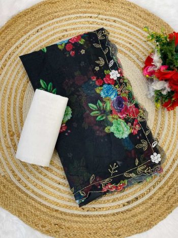 FANCY TABBY SILK PRINTED HAND WORK SAREE WITH UNSTITCHED BLOUSE BLACK