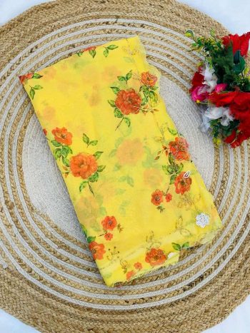 FANCY TABBY SILK PRINTED HAND WORK SAREE WITH UNSTITCHED BLOUSE YELLOW