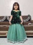 FANCY TISSUE SILK DIAMOND AND HEAVY  SILVER ZARI  BORDER WORK KID'S TOP LEHENGA GREEN
