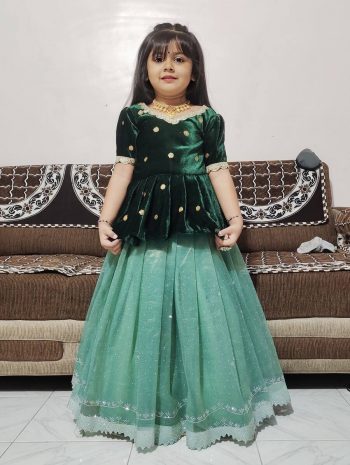 FANCY TISSUE SILK DIAMOND AND HEAVY  SILVER ZARI  BORDER WORK KID'S TOP LEHENGA GREEN
