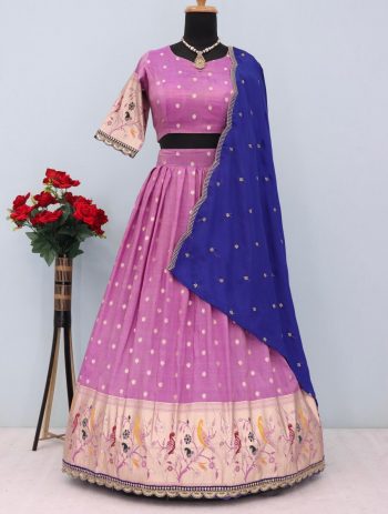 FANCY TISSUE SILK EMBROIDERY SEQUENCE LACE WORK LEHENGA CHOLI WITH DUPATTA LAVENDER